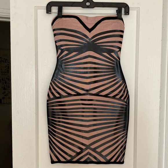 HOST PICK #61 Strapless Beige Leather Bodycon Sexy Mini Bandage Dress XXS XS - Picture 8 of 9